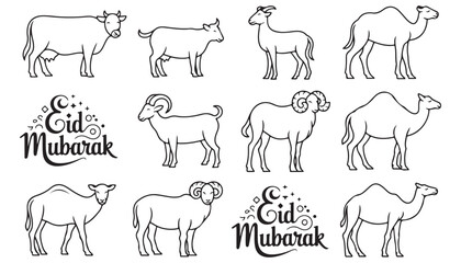 Elegant Eid Mubarak Islamic greeting card with decorative crescent moon and standing goat silhouette traditional Eid al Adha festival vector illustration with lantern and stars © Moriom Aktar Anisa