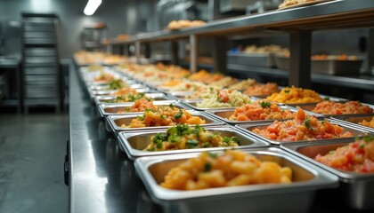 Fototapeta premium Commercial kitchen prepares bulk food servings in stainless steel trays. Meals arranged in neat rows for large scale service. Busy food preparation for cafeteria or event catering.