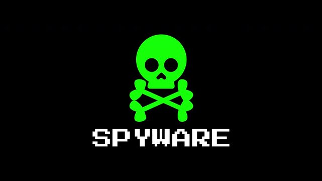 Hacking glitch green skull crossbones with spyware text is a cyber security concept suitable for digital privacyrelated content and technology designs.