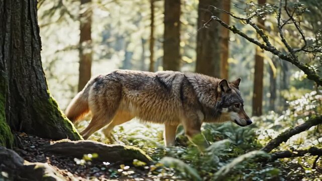Wolf walking in forest near tree