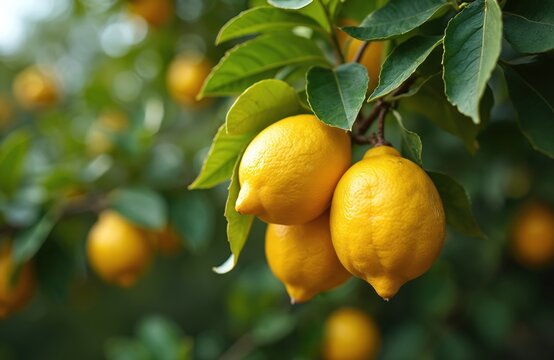 Ripe yellow lemons grow on a green tree branch. Citrus fruits are juicy and fresh, ready for harvest. Natural organic produce for healthy food and drinks.
