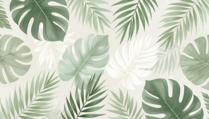 Fototapeta premium Tropical Green Leaves Pattern on Light Background in Refreshing Botanical Design