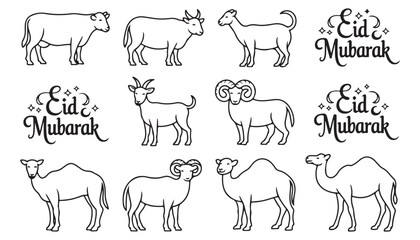 Elegant Eid Mubarak Islamic greeting card with decorative crescent moon and standing goat silhouette traditional Eid al Adha festival vector illustration with lantern and stars © Moriom Aktar Anisa