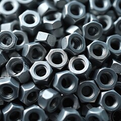 Pile of shiny metal hex nuts close up. Industrial hardware fasteners with threaded holes stacked densely. Many hexagonal objects form textured background.