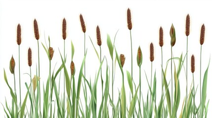 vector set of tall green cattails and reed grasses with realistic leaves and brown seed heads, arranged in seamless horizontal row