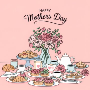 Mother day brunch table with flowers and a delicious spread. happy mothers day.  Professional Mothers Day greeting card layout, soft pink background, floral accents, empty space for copy text, cheerfu