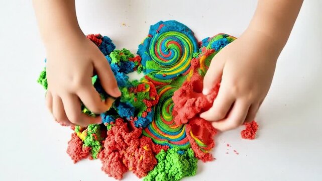 Sensory exploration. Kid hands playing with multi colored kinetic sand on white surface during tactile learning activity.