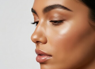 Fototapeta premium Radiant Young Woman's Flawless Skin in Profile: Embodying Natural Beauty and Skincare Success.
