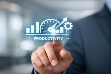 Obraz premium Productivity and Business Performance Management with Hand Touching Virtual Growth Interface