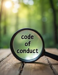 Magnifying glass on wood surface shows Code of Conduct text. Blurred green trees background suggests ethics, policy, transparency, workplace standards.