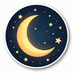 Naklejka premium Yellow crescent moon and stars against dark night sky. Digital sticker, round shape, flat visual art style. Celestial graphic for kids designs.