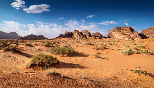 Desert Hegra Saudi Arabia Landscape With Eroded Rock Formations Sparse Scrub Dramatic Sunlit Open Terrain Bright Blue Sky
