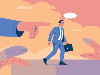 Businessman walking away, being pointed at with a dramatic finger, illustrating dismissal or being fired from a job.