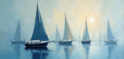 Fototapeta premium Sailboats drift on calm water under a hazy sunlit sky. Thick brushstrokes create a dreamlike impressionistic scene. Multiple vessels with white and blue sails glide peacefully across the serene bay.