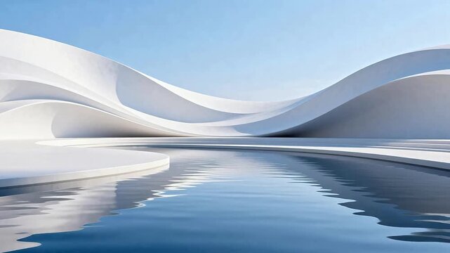 Abstract white wavelike architecture with water reflection