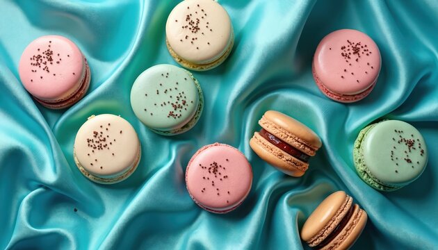 Assorted colorful French macarons arranged on shimmering blue satin fabric. Pastel colored cookies with sweet filling and chocolate sprinkles create a delightful dessert.
