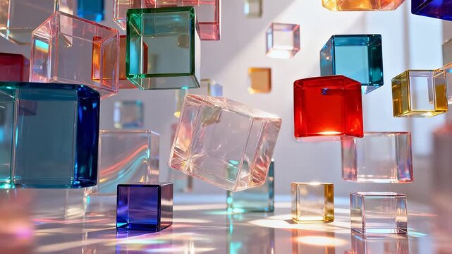 Transparent colorful cubes with light reflections