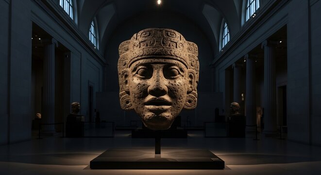 Ancient Aztec Stone Head Sculpture Displayed in Museum Hall.