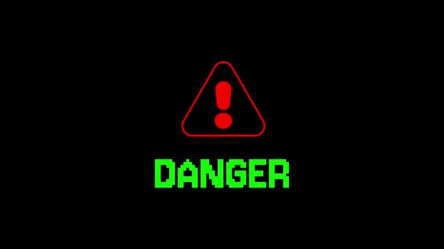 Hacking glitch red danger symbol above pixelated green text danger. Suitable for safetyrelated designs, warning signs, and graphic illustrations for hazardous situations.