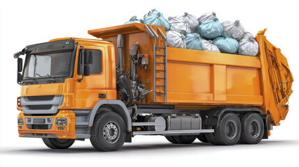 Orange dump truck unloading trash bags with detailed mechanical parts and large wheels, isolated on white background showing waste collection and transportation concept