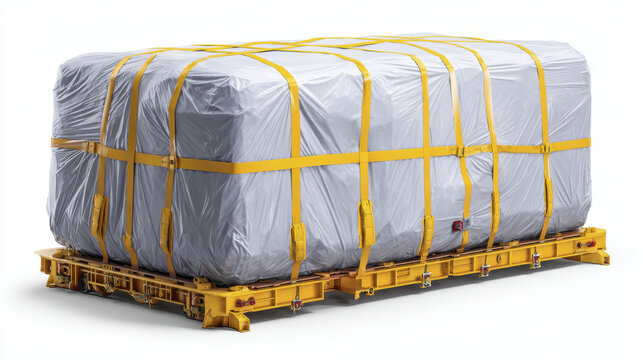 Oversized cargo wrapped in protective plastic and secured with yellow straps on heavy duty metal platform ready for transport or shipping with safety measures