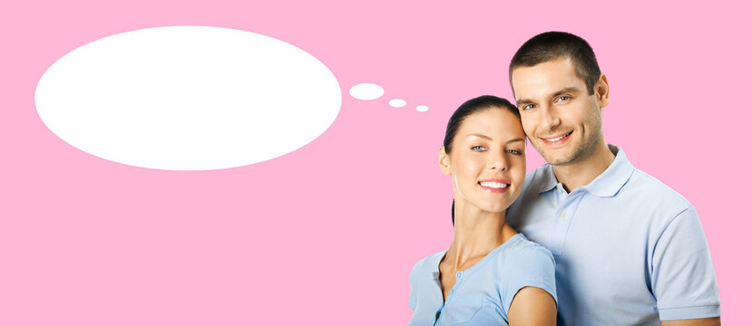 Love, relationships, togetherness, dates romance concept - happy gently smile, stand close couple, man woman. Isolated pink background. White thought think float bubble thinkbubble, free ad text space