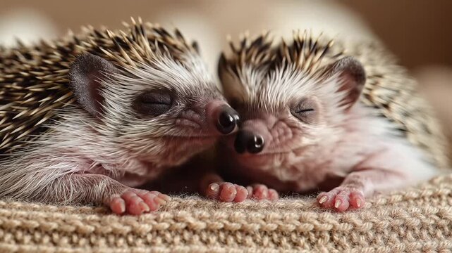 Two adorable baby hedgehogs cuddling and snuggling together on a soft carpet.
