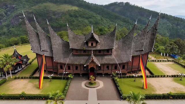 Traditional Minangkabau Rumah Gadang house with dramatic curved roof set against lush West Sumatra highland landscape in Indonesia
