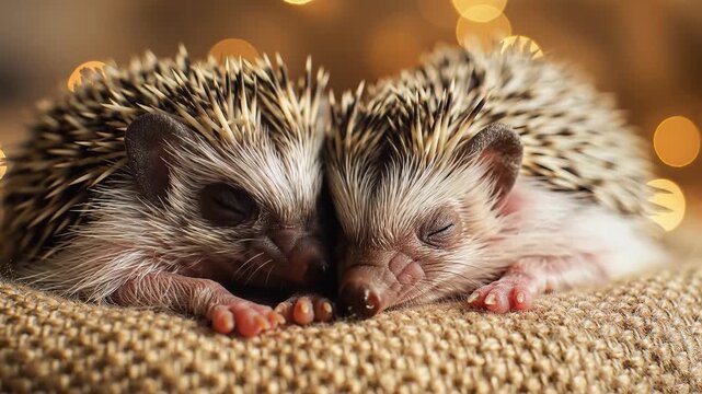 Two adorable hedgehogs snuggled together on a cozy burlap surface.