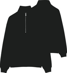 Black Fleece Quarter Zip Pullover Sweatshirt Mockup Front and Back View Silhouette Technical Apparel Drawing Template for Streetwear Fashion Design Branding and Urban Sportswear © MstNasrin