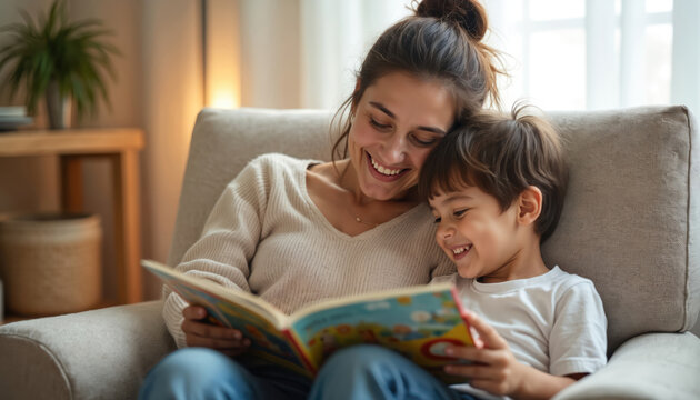 Mother and son smile while reading storybook together in comfy chair. Parent shares tale, child listens attentively. Cozy indoor scene depicts family bonding and early literacy.