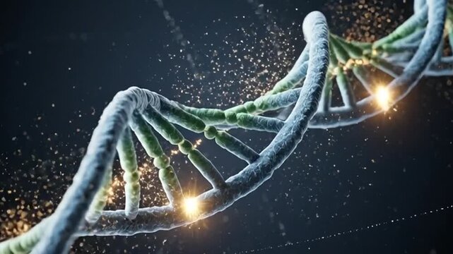 Glowing DNA double helix structure with sparks and particles