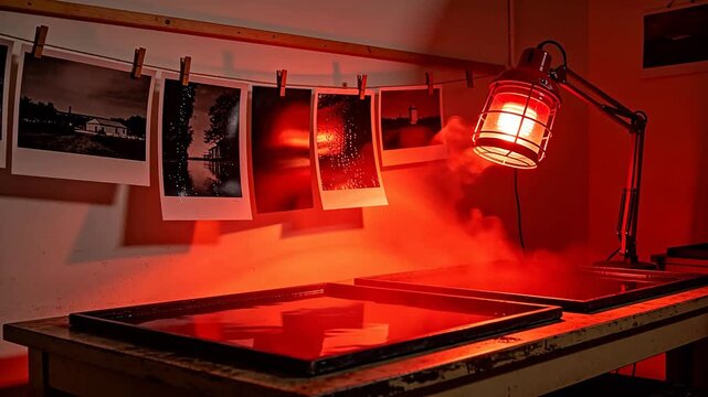 Traditional darkroom interior with hanging black and white photos