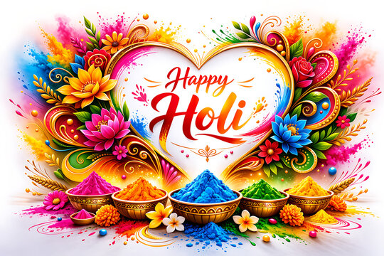 Beautiful vibrant heart shaped floral design surrounded by blooming spring flowers and traditional clay bowls of bright powder representing holi and the holika dhan festival