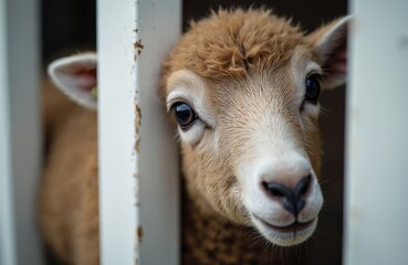 Fototapeta premium Close up farm animal face peeking through fence slats. Young sheep with fluffy brown wool looks curiously at camera. Gentle curious mammal, domestic livestock portrait.