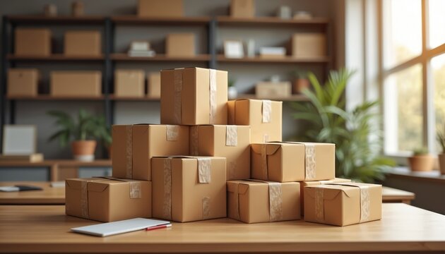 Stack of cardboard boxes on a wooden table, ready for shipping. Shelves with more packages in background. Sunlight streams through large window.