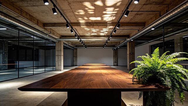 Industrial style interior with long wooden table and green plants