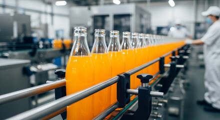 Fototapeta premium Soft Drink Juice Beverage Bottling Factory – Orange Drink Manufacturing and Packaging Production Line