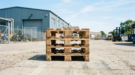 Wooden Pallet in Industrial Warehouse Environment on Sunny Day with Clear Blue Sky