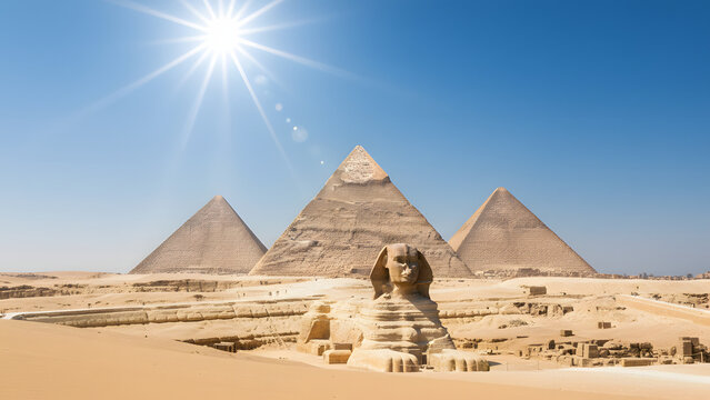 A wide view of the pyramids at Giza showing them with their original smooth white limestone casing stones and gold pyramidions at the top