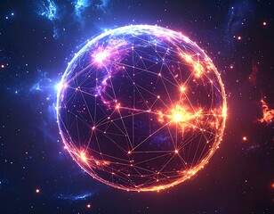 Obraz premium A vibrant, glowing sphere with a network of lines and nodes set against a starry, cosmic background