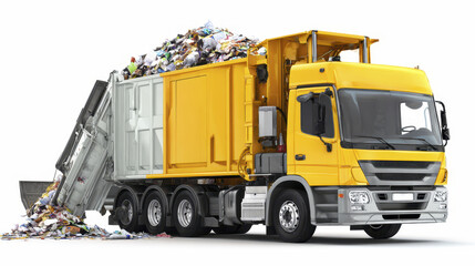Garbage truck unloading waste with yellow compactor body, filled with mixed trash, isolated on white background, industrial vehicle for waste management and recycling