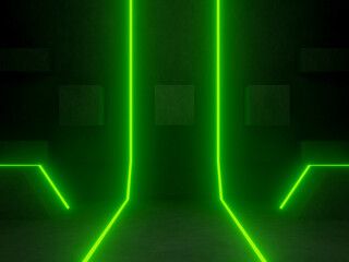 Cement background with green glowing neon lights
