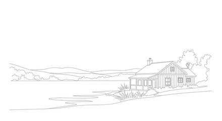 Log Cabin by Lake: Rustic House, Nature Landscape, Peaceful Retreat, Outline Drawing