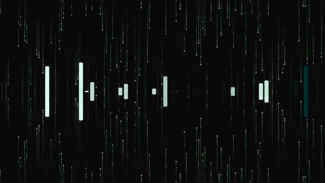 Abstract Green Bar Audio Spectrum Background with Matrix Rain Particles 
