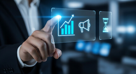 Obraz premium A businessman interacting with a digital interface displaying business growth and marketing icons