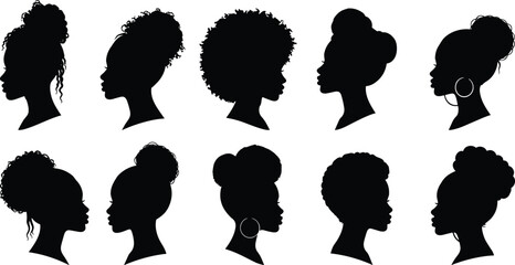 African American Women Silhouette Collection with Natural Afro Hairstyles and Profile Portraits Isolated on White Background for Beauty Design © AVIJIT