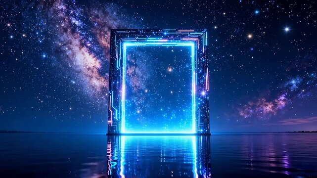 Glowing blue neon rectangle frame under starry sky with reflection