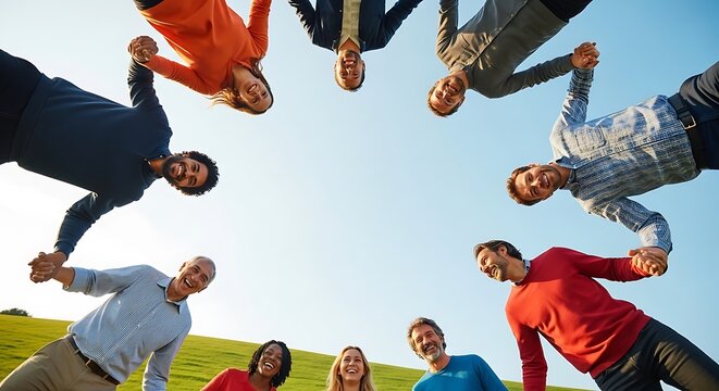 Diverse group of friends enjoying outdoor team building activities together