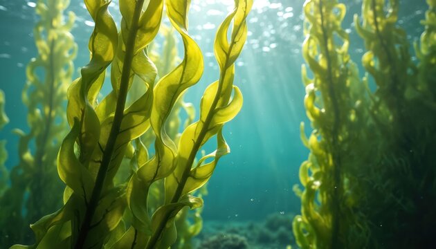 Underwater kelp forest grows in clear blue ocean. Sunlight rays shine through water surface onto green marine plant life. Aquatic flora thrives in calm sea depths.